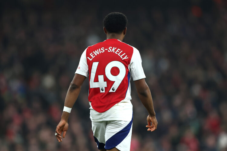 LONDON, ENGLAND - JANUARY 18: Myles Lewis-Skelly of Arsenal during the Premier League match between Arsenal FC and Aston Villa FC at Emirates Stadi...