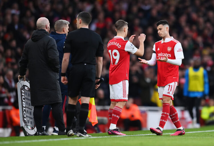 LONDON, ENGLAND - FEBRUARY 11: Leandro Trossard of Arsenal replaces teammate Gabriel Martinelli during the Premier League match between Arsenal FC ...
