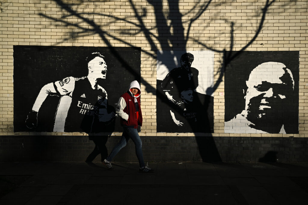 LONDON, ENGLAND - FEBRUARY 02: A general view of artworks by North Banksy, as a mural of Gabriel Martinelli can be seen, near the Emirates Stadium prior to the Premier League match between Arsenal FC and Manchester City FC at Emirates Stadium on February 02, 2025 in London, England. (Photo by Justin Setterfield/Getty Images)
