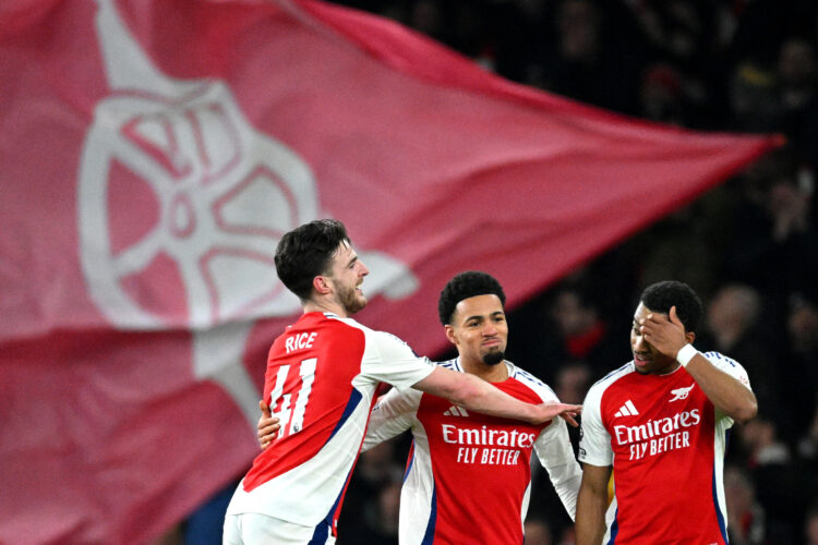 LONDON, ENGLAND - FEBRUARY 02: Ethan Nwaneri of Arsenal celebrates scoring his team's fifth goal with teammates Declan Rice and Jurrien Timber duri...