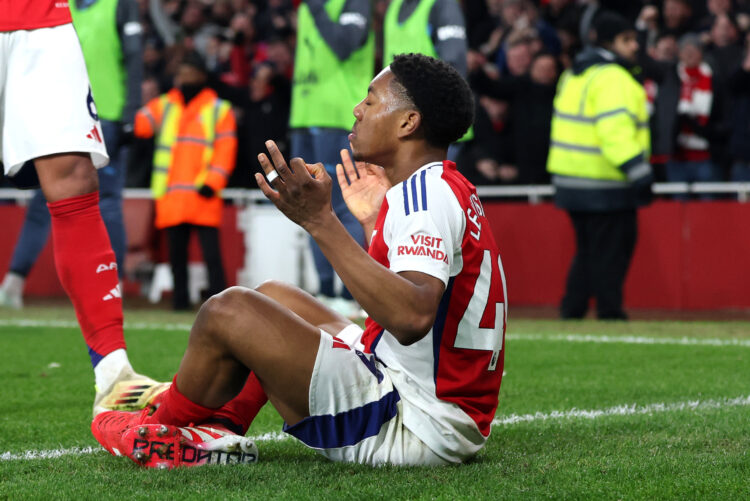 LONDON, ENGLAND - FEBRUARY 02: Myles Lewis-Skelly of Arsenal celebrates scoring his team's third goal during the Premier League match between Arsen...