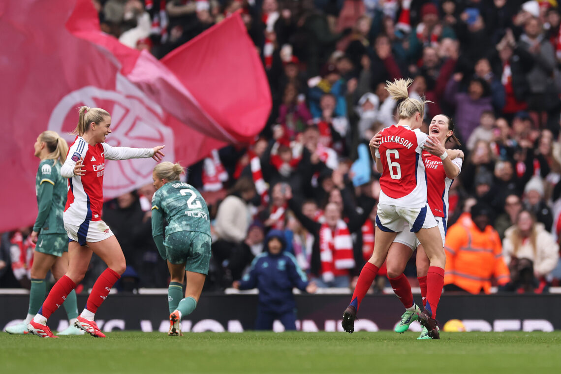 LONDON, ENGLAND - FEBRUARY 16: Emily Fox of Arsenal celebrates scoring her team's fifth goal with teammate Leah Williamson during the Barclays Wome...