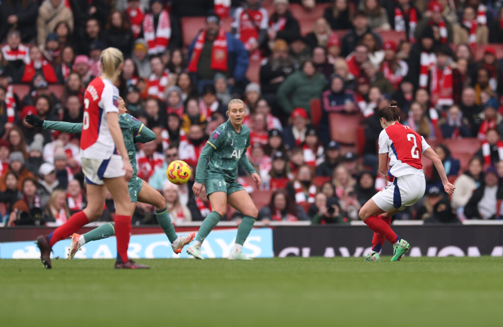 LONDON, ENGLAND - FEBRUARY 16: Emily Fox of Arsenal scores her team's fifth goal during the Barclays Women's Super League match between Arsenal FC and Tottenham Hotspur FC at Emirates Stadium on February 16, 2025 in London, England. (Photo by Richard Heathcote/Getty Images)