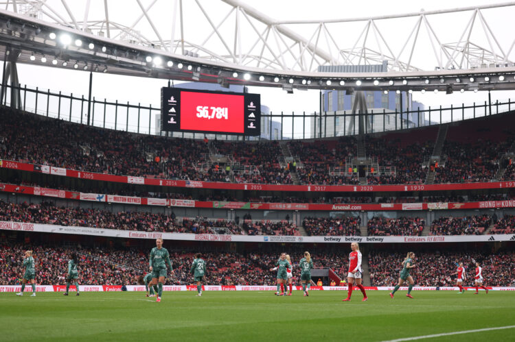 LONDON, ENGLAND - FEBRUARY 16: The LED board shows the match attendance as 56,784 during the Barclays Women's Super League match between Arsenal FC...