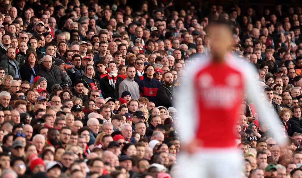 LONDON, ENGLAND - FEBRUARY 22: Fans of Arsenal look on during the Premier League match between Arsenal FC and West Ham United FC at Emirates Stadium on February 22, 2025 in London, England. (Photo by Julian Finney/Getty Images)