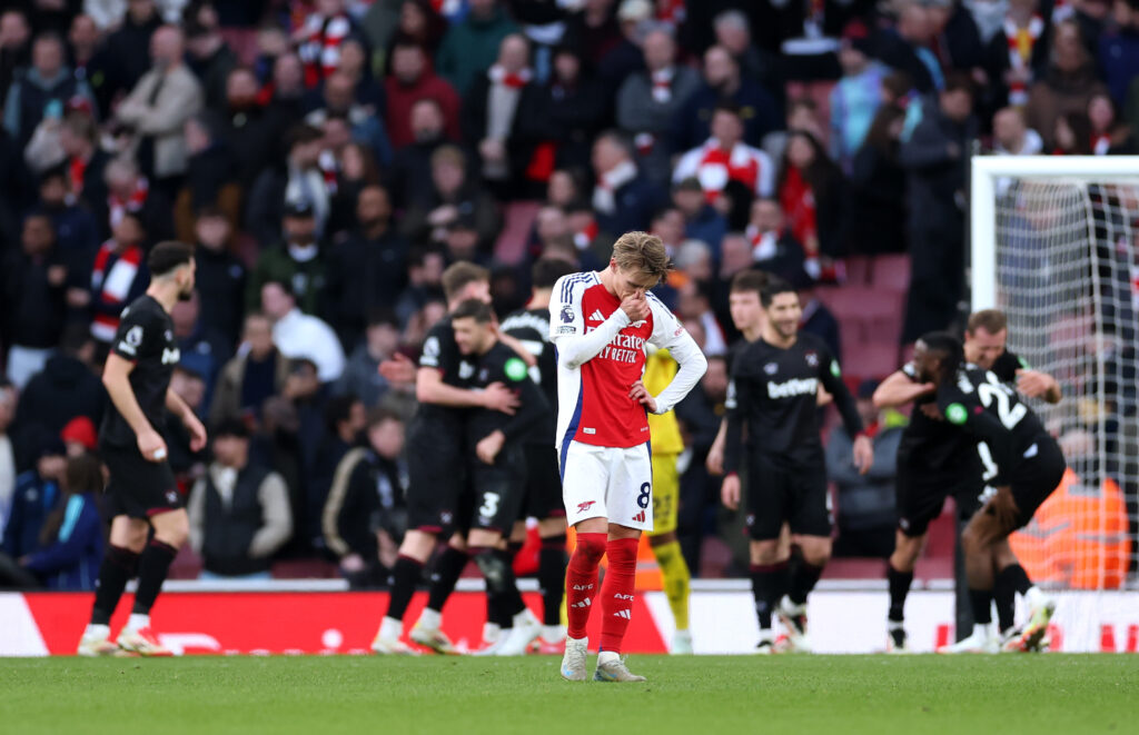Mikel Arteta gives Ethan Nwaneri injury update 5 LONDON, ENGLAND - FEBRUARY 22: Martin Odegaard of Arsenal looks dejected after the Premier League match between Arsenal FC and West Ham United FC at Emirates Stadium on February 22, 2025 in London, England. (Photo by Warren Little/Getty Images)