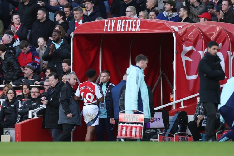 LONDON, ENGLAND: Myles Lewis-Skelly of Arsenal reacts, as he walks down the tunnel, after receiving a red card during the Premier League match betw...