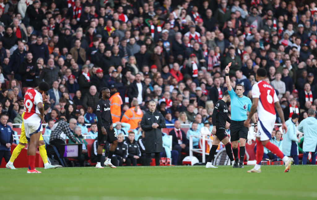 Mikel Arteta gives Ethan Nwaneri injury update 4 LONDON, ENGLAND - FEBRUARY 22: Referee Craig Pawson shows a red card to Myles Lewis-Skelly of Arsenal following a VAR review during the Premier League match between Arsenal FC and West Ham United FC at Emirates Stadium on February 22, 2025 in London, England. (Photo by Warren Little/Getty Images)