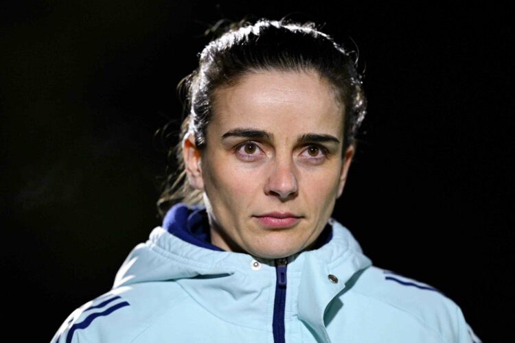 BOREHAMWOOD, ENGLAND - FEBRUARY 06: Renee Slegers, Manager of Arsenal, looks on prior to the Subway Women's League Cup Semi-Final match between Ars...