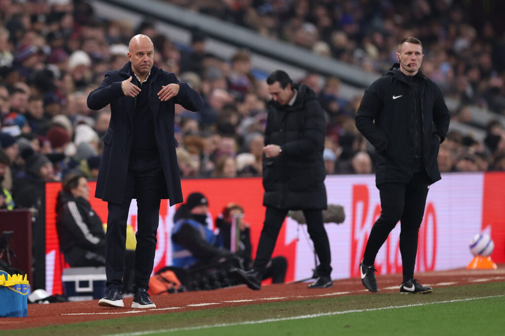 BIRMINGHAM, ENGLAND - FEBRUARY 19: Arne Slot, Manger of Liverpool, gestures during the Premier League match between Aston Villa FC and Liverpool FC at Villa Park on February 19, 2025 in Birmingham, England. (Photo by Julian Finney/Getty Images)