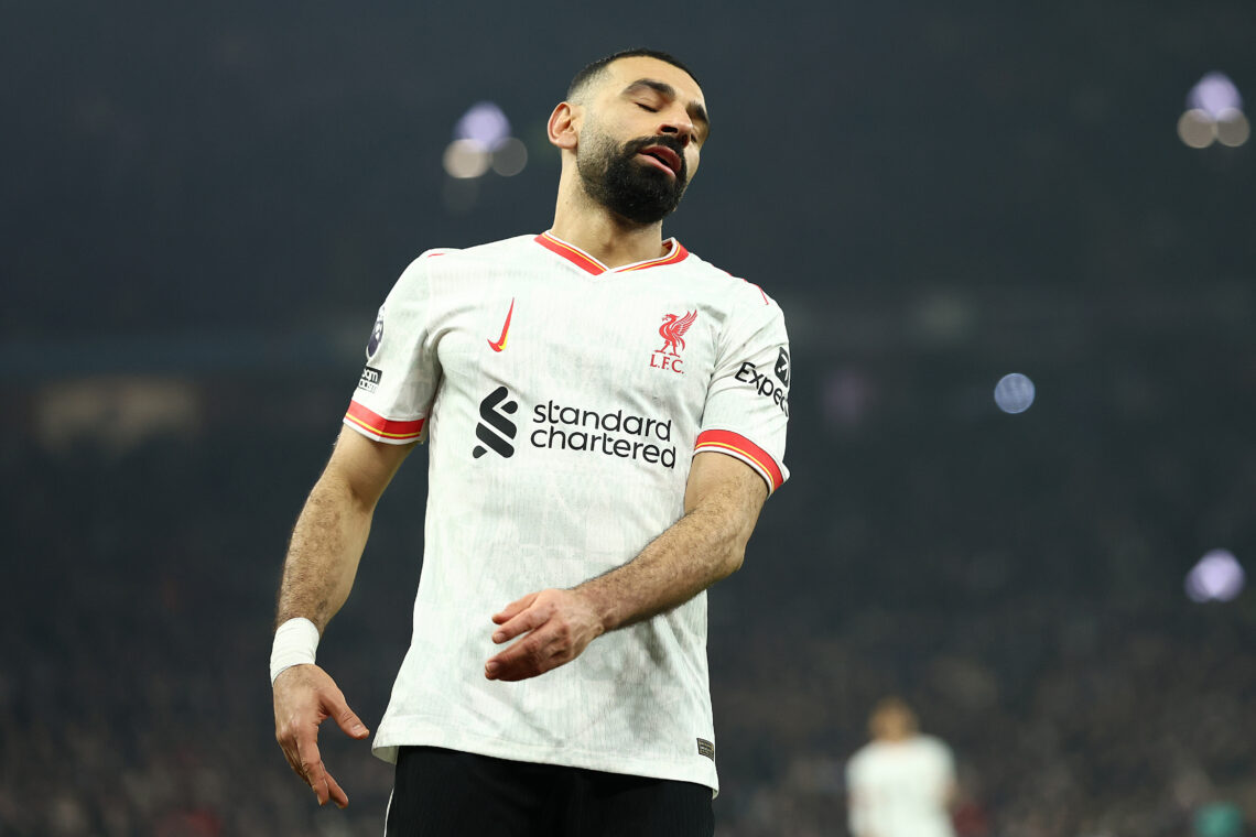 BIRMINGHAM, ENGLAND - FEBRUARY 19: Mohamed Salah of Liverpool reacts during the Premier League match between Aston Villa FC and Liverpool FC at Vil...