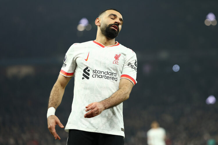 BIRMINGHAM, ENGLAND - FEBRUARY 19: Mohamed Salah of Liverpool reacts during the Premier League match between Aston Villa FC and Liverpool FC at Vil...