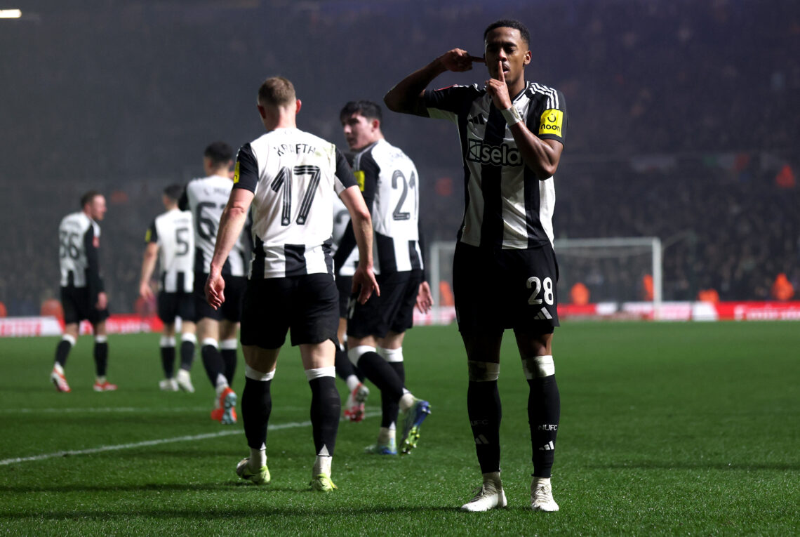 BIRMINGHAM, ENGLAND - FEBRUARY 08: Joe Willock of Newcastle United celebrates scoring his team's third goal during the Emirates FA Cup Fourth Round...