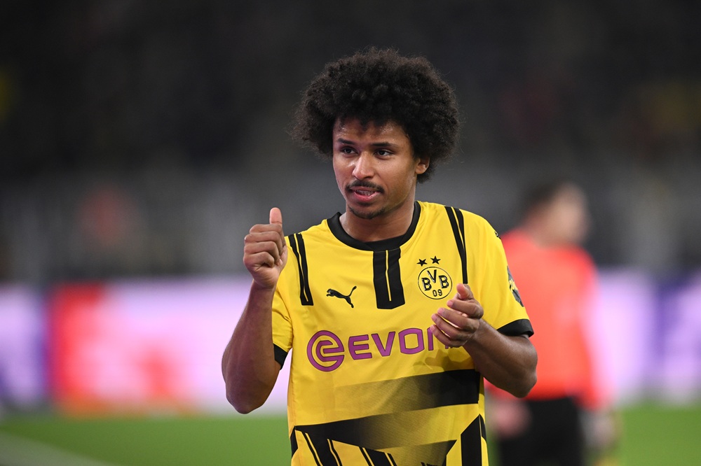 DORTMUND, GERMANY: Karim Adeyemi of Borussia Dortmund reacts during the UEFA Champions League 2024/25 League Phase MD8 match between Borussia Dortmund and FC Shakhtar Donetsk at BVB Stadion Dortmund on January 29, 2025. (Photo by Stuart Franklin/Getty Images)