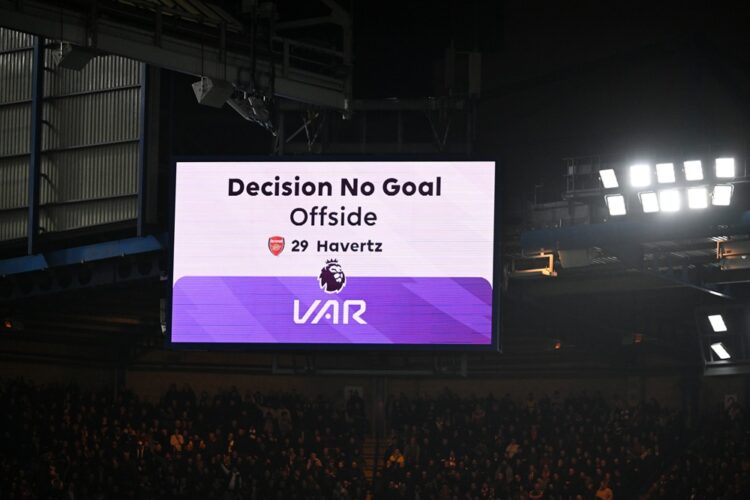 LONDON, ENGLAND: The LED screen inside the stadium displays the VAR decision of 'No Goal - offside' for a goal scored by Kai Havertz of Arsenal (no...