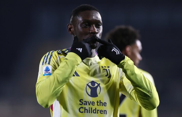 COMO, ITALY: Randal Kolo Muani of Juventus celebrates after scoring their team's first goal during the Serie A match between Como 1907 and Juventus...