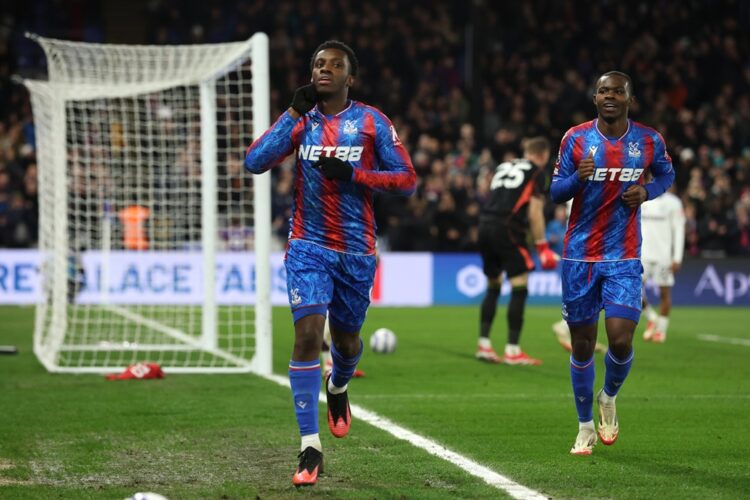 LONDON, ENGLAND: Eddie Nketiah of Crystal Palace celebrates scoring his team's fourth goal during the Premier League match between Crystal Palace F...