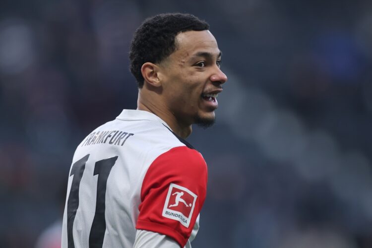 FRANKFURT AM MAIN, GERMANY: Hugo Ekitike of Eintracht Frankfurt reacts during the Bundesliga match between Eintracht Frankfurt and VfL Wolfsburg at...