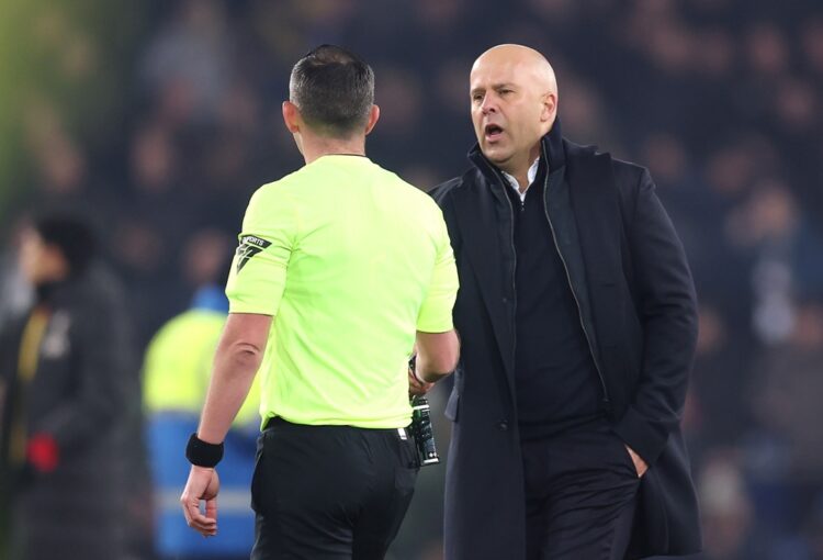 LIVERPOOL, ENGLAND: Arne Slot, Manger of Liverpool, shakes hands with Match Referee Michael Oliver following the Premier League match between Evert...