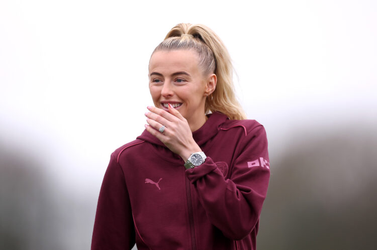 LIVERPOOL, ENGLAND - DECEMBER 15: Chloe Kelly of Manchester City reacts as she inspects the pitch prior to the Barclays Women's Super League match ...