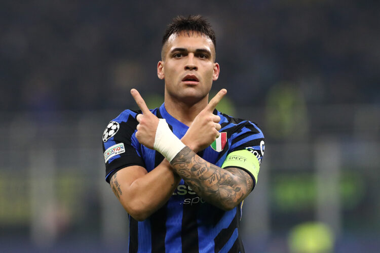 MILAN, ITALY - JANUARY 29: Lautaro Martinez of FC Internazionale celebrates scoring his team's third goal to complete his hat-trick during the UEFA...