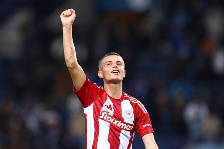 PORTO, PORTUGAL: Christos Mouzakitis of Olympiakos FC celebrates at full-time following the team's victory in the UEFA Europa League 2024/25 League...