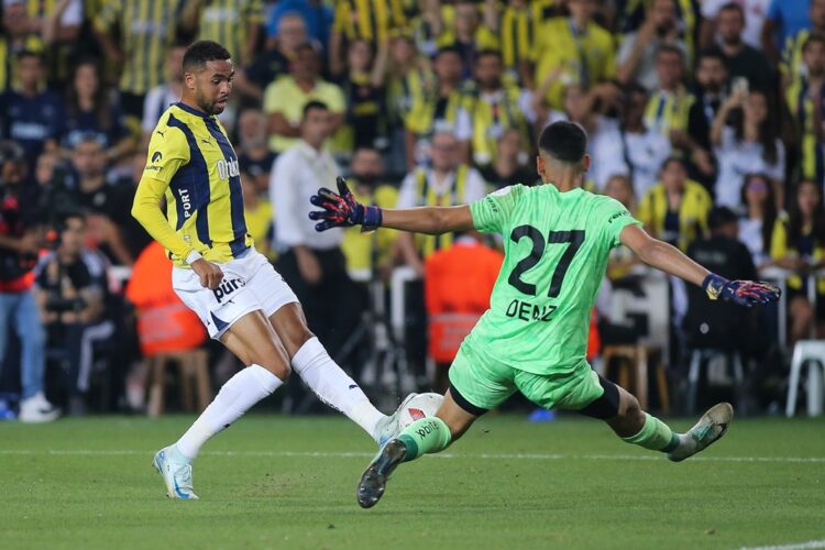 ISTANBUL, TURKEY: Youssef En-Nesyri of Fenerbahce is challenged by Deniz Eren Donmezer of Adana Demirspor during the Turkish Super League match bet...