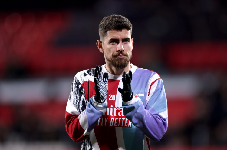 GIRONA, SPAIN - JANUARY 29: Jorginho of Arsenal applauds the fans during the warm up prior to the UEFA Champions League 2024/25 League Phase MD8 ma...