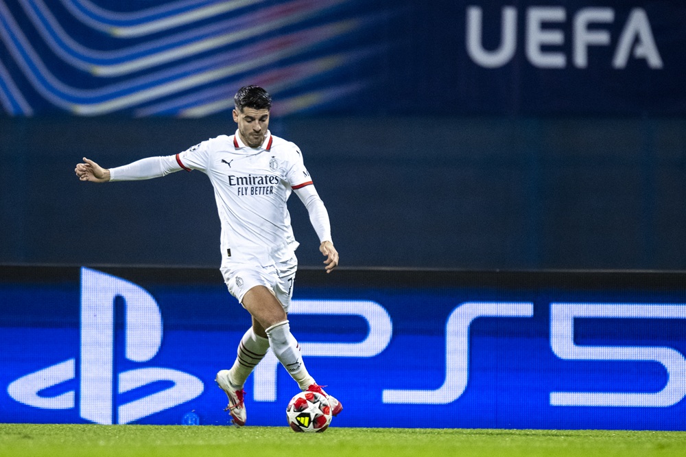 ZAGREB, CROATIA: Alvaro Morata of AC Milan controls the ball during the UEFA Champions League 2024/25 League Phase MD8 match between GNK Dinamo and AC Milan at Stadion Maksimir on January 29, 2025. (Photo by Jurij Kodrun/Getty Images)