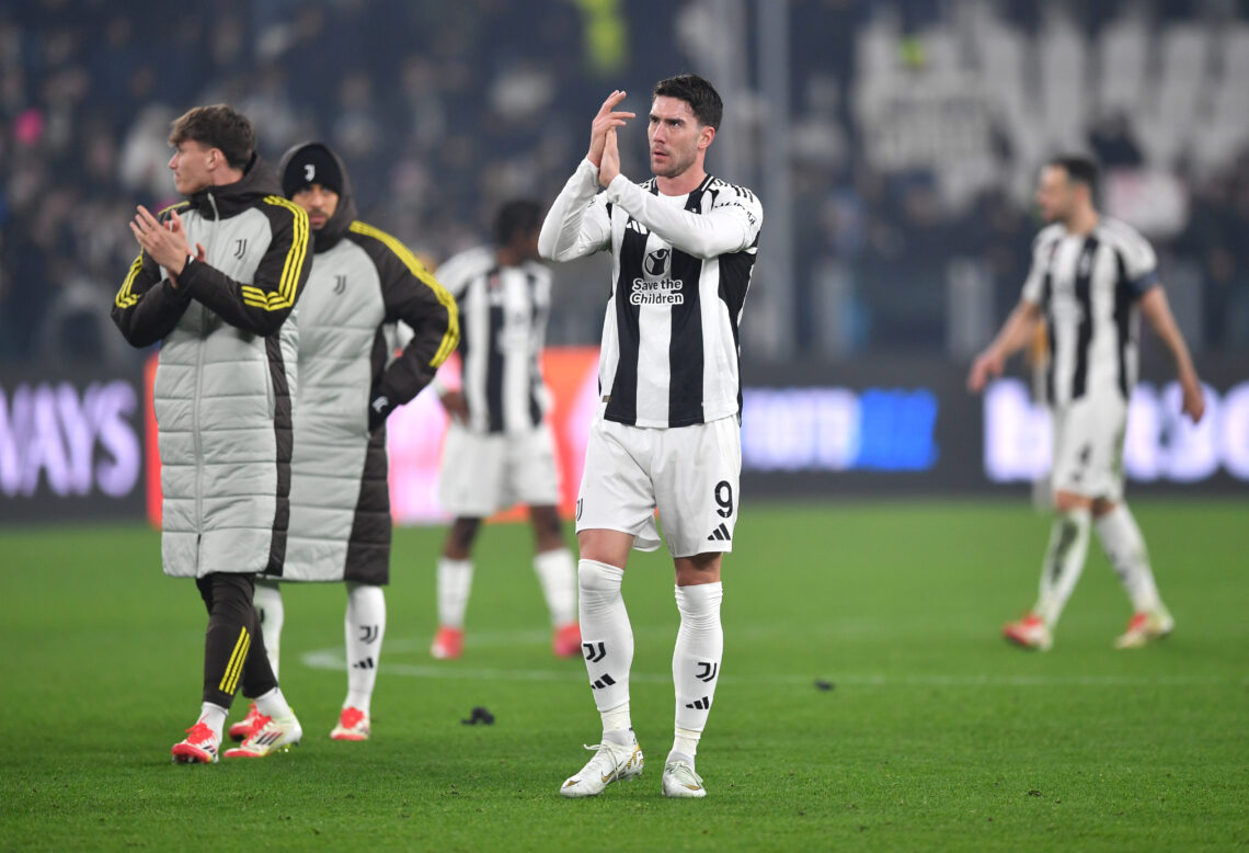 TURIN, ITALY - FEBRUARY 11: Dusan Vlahovic of Juventus acknowledges the fans after the UEFA Champions League 2024/25 League Knockout Play-off first...
