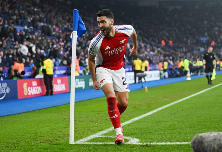 LEICESTER, ENGLAND - FEBRUARY 15: Mikel Merino of Arsenal celebrates scoring his team's second goal during the Premier League match between Leicest...