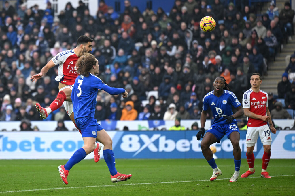 LEICESTER, ENGLAND - FEBRUARY 15: Mikel Merino of Arsenal scores his team's first goal during the Premier League match between Leicester City FC and Arsenal FC at The King Power Stadium on February 15, 2025 in Leicester, England. (Photo by Shaun Botterill/Getty Images)