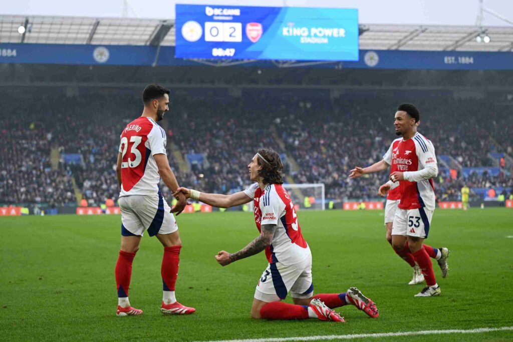 A depleted squad, a transfer loophole - how will Arsenal respond? 3 LEICESTER, ENGLAND - FEBRUARY 15: Mikel Merino of Arsenal celebrates scoring his team's second goal with teammate Riccardo Calafiori during the Premier League match between Leicester City FC and Arsenal FC at The King Power Stadium on February 15, 2025 in Leicester, England. (Photo by Shaun Botterill/Getty Images)