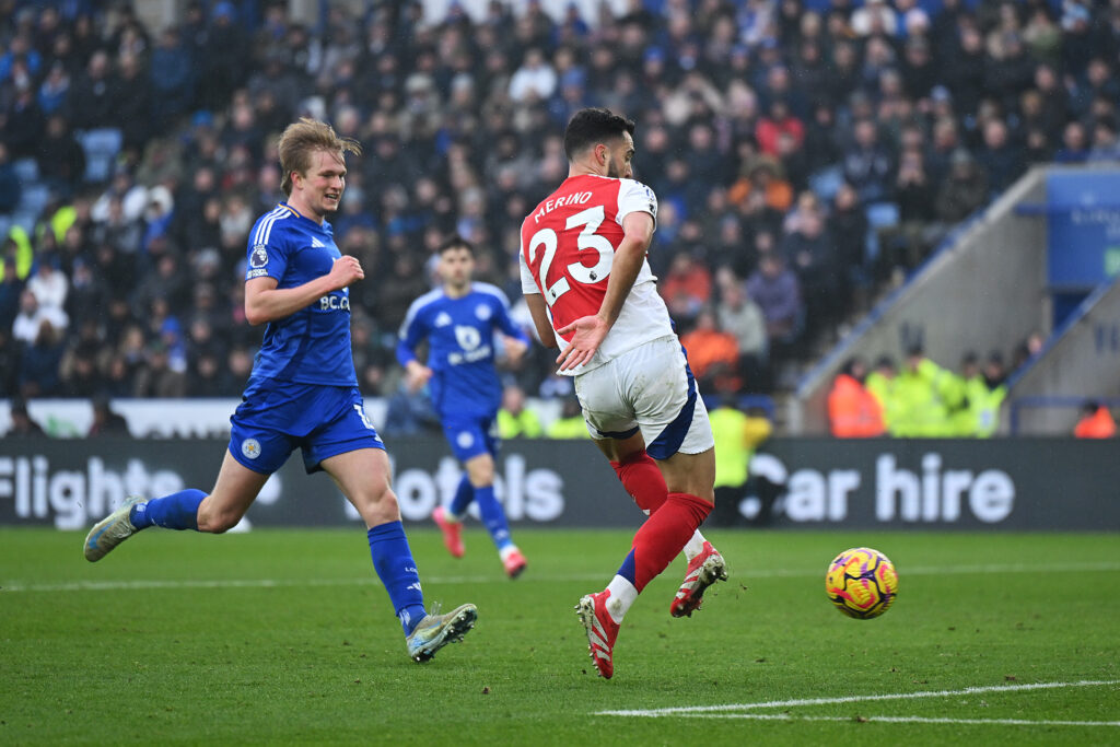 Arteta mulls over starting Merino at centre-forward vs West Ham 4 LEICESTER, ENGLAND - FEBRUARY 15: Mikel Merino of Arsenal scores his team's second goal during the Premier League match between Leicester City FC and Arsenal FC at The King Power Stadium on February 15, 2025 in Leicester, England. (Photo by Shaun Botterill/Getty Images)