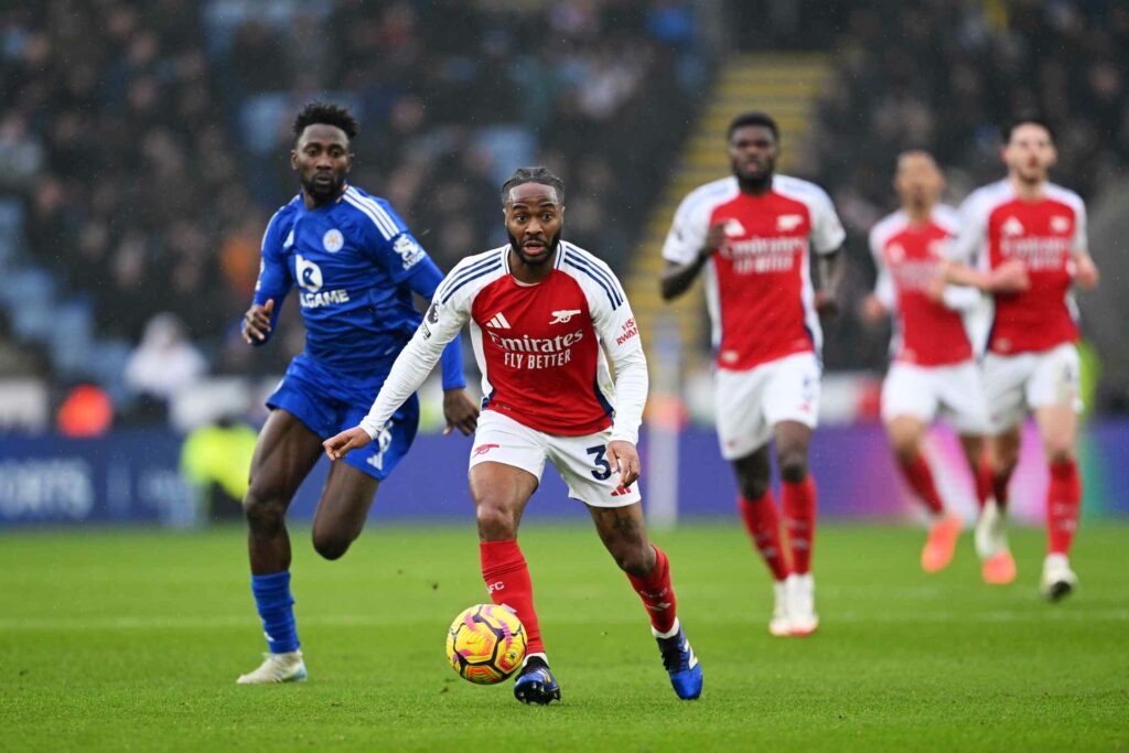 Arsenal winger impresses in training after Leicester horror show 3 LEICESTER, ENGLAND - FEBRUARY 15: Raheem Sterling of Arsenal runs with the ball under pressure from Wilfred Ndidi of Leicester City during the Premier League match between Leicester City FC and Arsenal FC at The King Power Stadium on February 15, 2025 in Leicester, England. (Photo by Michael Regan/Getty Images)