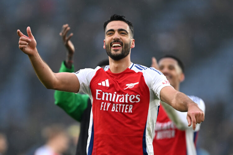 LEICESTER, ENGLAND - FEBRUARY 15: Mikel Merino of Arsenal celebrates scoring his team's second goal during the Premier League match between Leicest...
