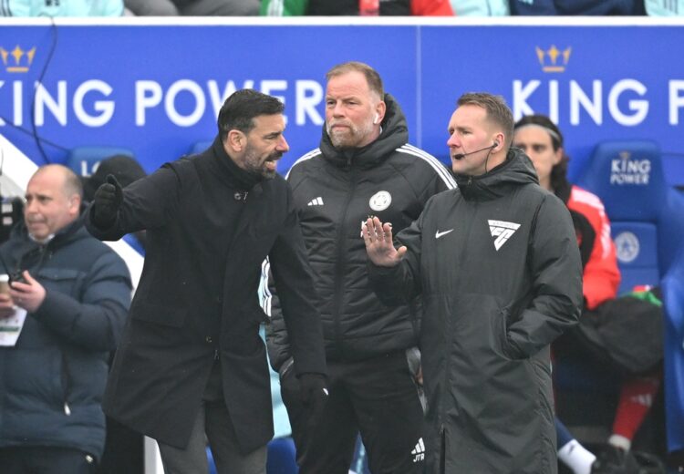 LEICESTER, ENGLAND: Ruud van Nistelrooy, Manager of Leicester City, reacts towards Samuel Barrott during the Premier League match between Leicester...