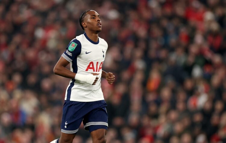 LIVERPOOL, ENGLAND: Mathys Tel of Tottenham Hotspur during the Carabao Cup Semi Final Second Leg match between Liverpool and Tottenham Hotspur at A...