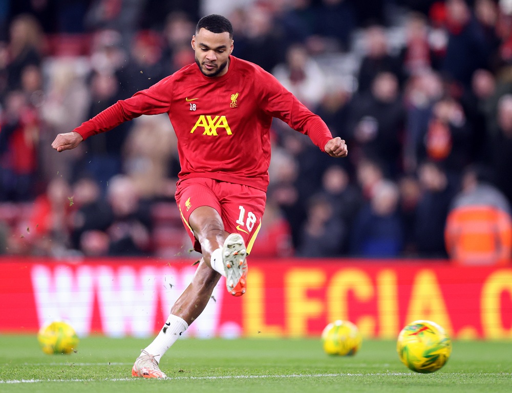 LIVERPOOL, ENGLAND: Cody Gakpo of Liverpool warms up prior to the Carabao Cup Semi Final Second Leg match between Liverpool and Tottenham Hotspur at Anfield on February 06, 2025. (Photo by Carl Recine/Getty Images)