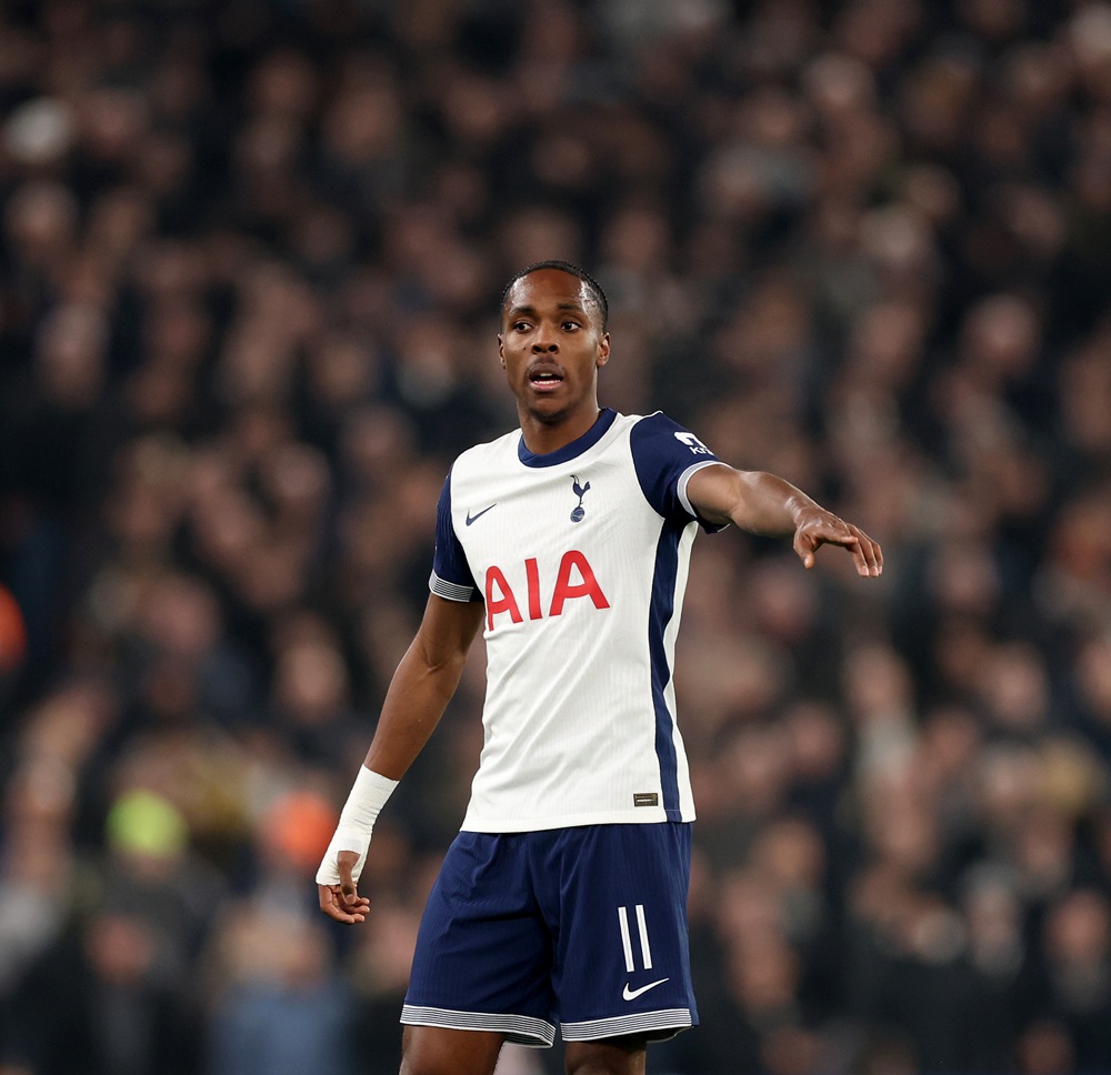 LIVERPOOL, ENGLAND: Mathys Tel of Tottenham Hotspur during the Carabao Cup Semi Final Second Leg match between Liverpool and Tottenham Hotspur at Anfield on February 06, 2025. (Photo by Carl Recine/Getty Images)