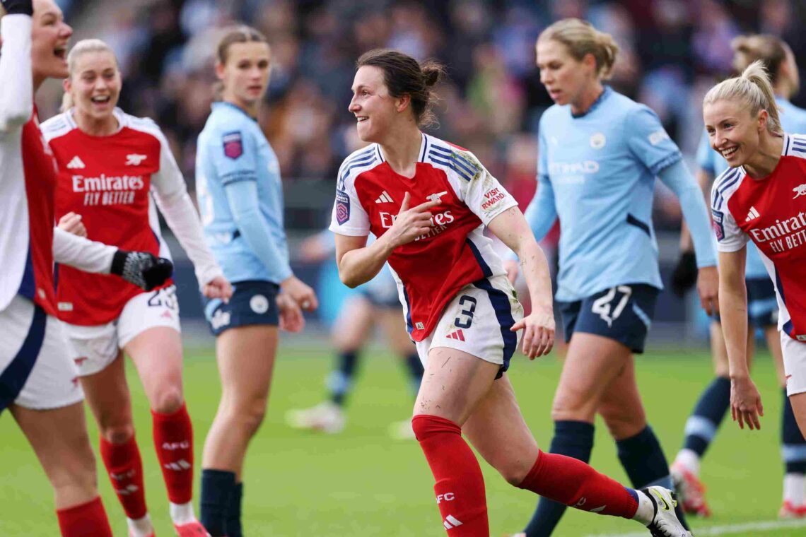 MANCHESTER, ENGLAND - FEBRUARY 02: Lotte Wubben-Moy of Arsenal celebrates scoring her team's second goal during the Barclays Women's Super League m...