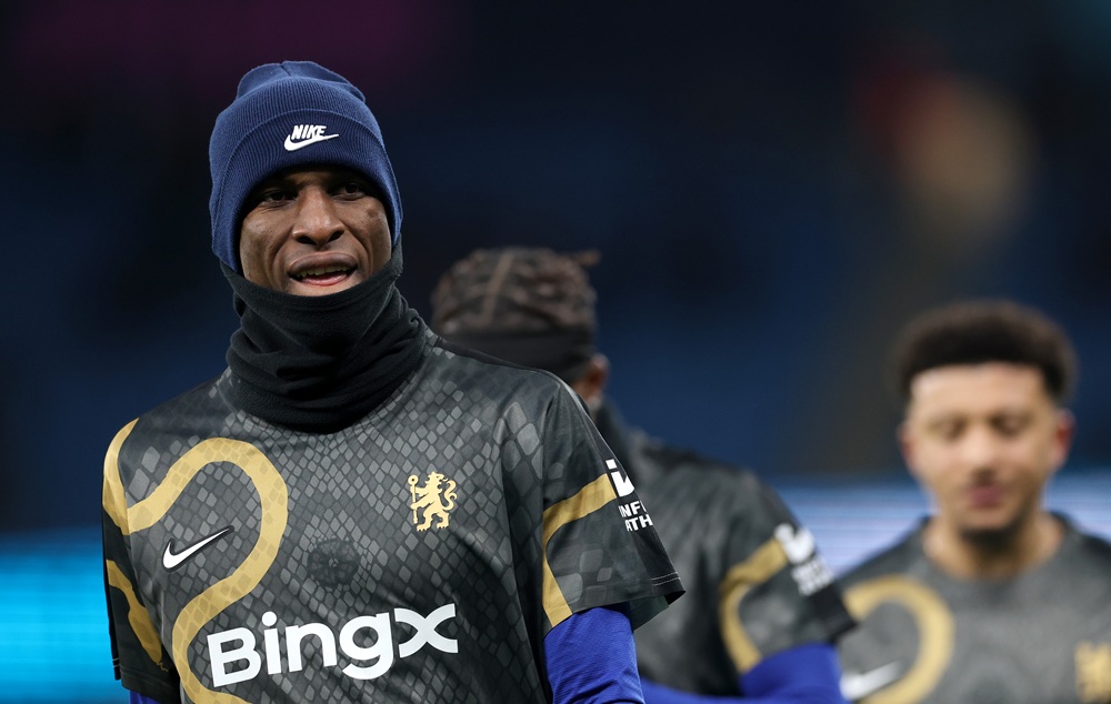 MANCHESTER, ENGLAND: Nicolas Jackson of Chelsea looks on as he warms up prior to the Premier League match between Manchester City FC and Chelsea FC...