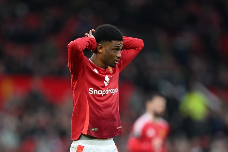 MANCHESTER, ENGLAND: Amad Diallo of Manchester United appears dejected during the Premier League match between Manchester United FC and Crystal Pal...