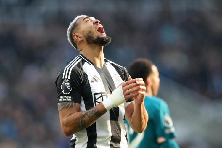 NEWCASTLE UPON TYNE, ENGLAND: Joelinton of Newcastle United reacts during the Premier League match between Newcastle United FC and AFC Bournemouth ...