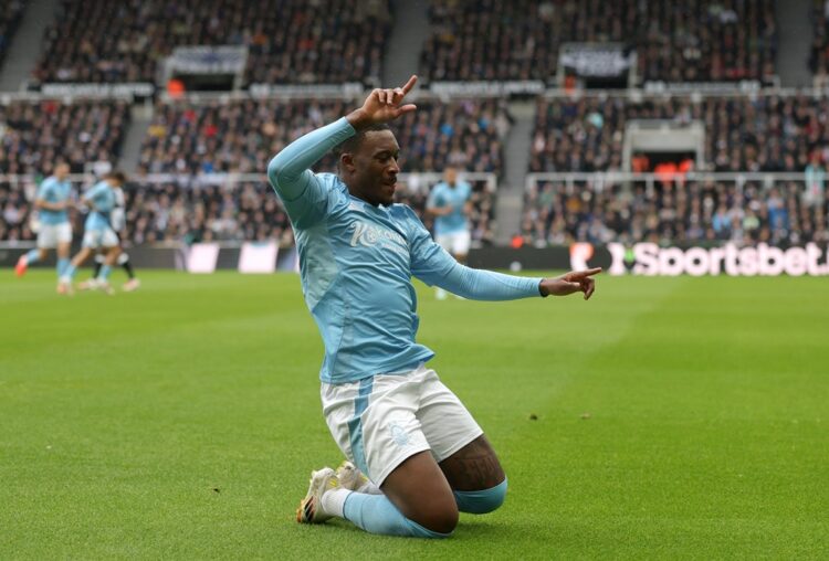 NEWCASTLE UPON TYNE, ENGLAND: Callum Hudson-Odoi of Nottingham Forest celebrates scoring his team's first goal during the Premier League match betw...
