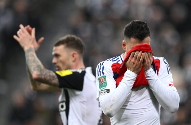 NEWCASTLE UPON TYNE, ENGLAND - FEBRUARY 05: Gabriel Martinelli reacts as he leaves the field with an injury as Kieran Trippier of Newcastle reacts ...