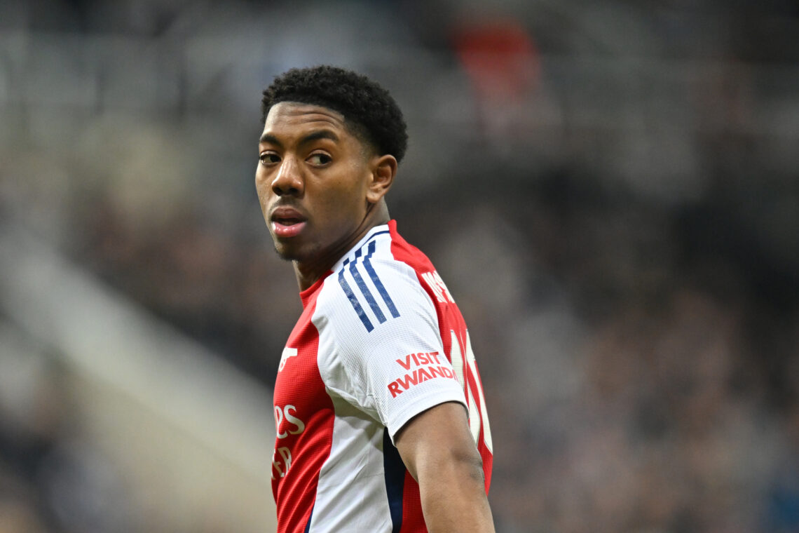 NEWCASTLE UPON TYNE, ENGLAND - FEBRUARY 05: Myles Lewis-Skelly of Arsenal looks on during the Carabao Cup Semi Final Second Leg match between Newca...