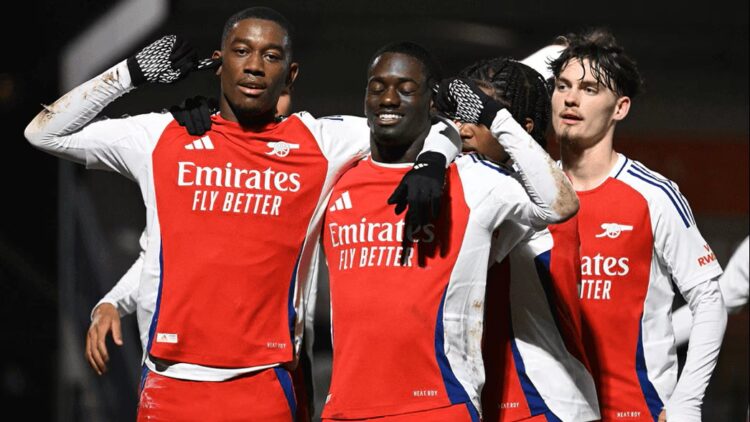 Khayon Edwards and Charles Sagoe Jr. celebrate a goal for the Arsenal u21s (Photo via Arsenal.com)