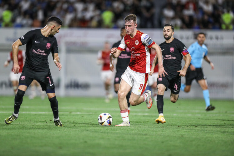 BAKU, AZERBAIJAN - AUGUST 15: Mason Melia #9 of St Patrick's Athletic in action during the UEFA Conference League third qualifying round second leg...