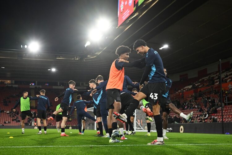 SOUTHAMPTON, ENGLAND: Freddie Anderson of Stoke City warms up with teammate Jaden Dixon prior to the Carabao Cup Fourth Round match between Southam...